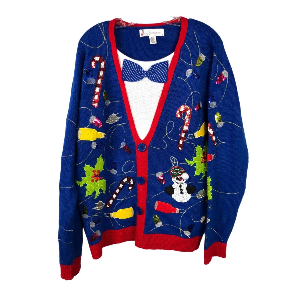Womens JOLLY SWEATERS Ugly Christmas Sweater,‎ Sz L Primary Colors